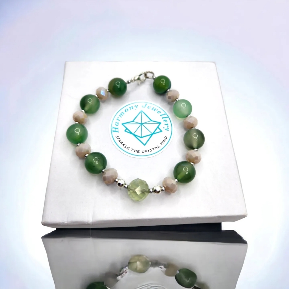 Green Agatw, Faceted Prehnite, Czech Glass clasp bracelet